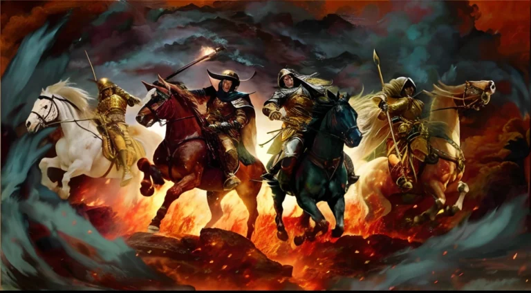 cuatro jinetes cabalgando en un paisaje apocaliptico