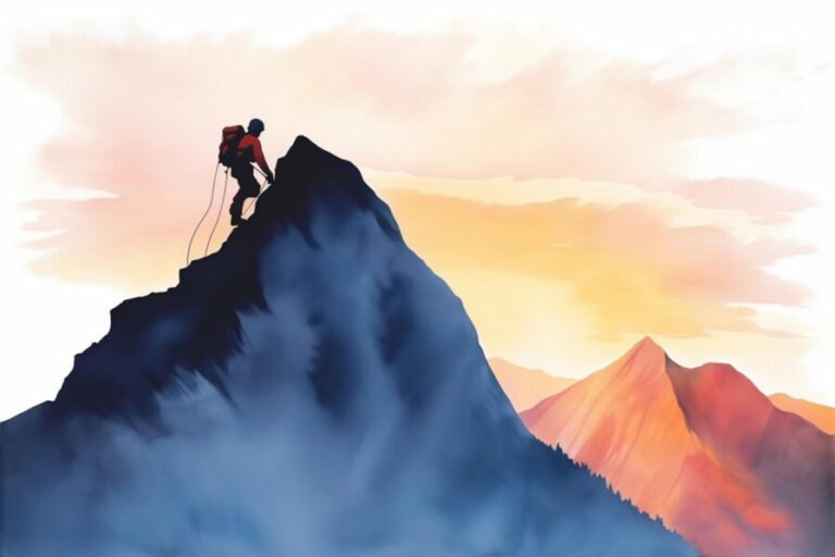 escalador alcanzando una cima montanosa