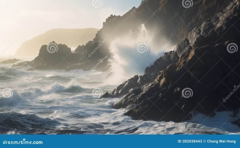 escena de playa con acantilados y olas