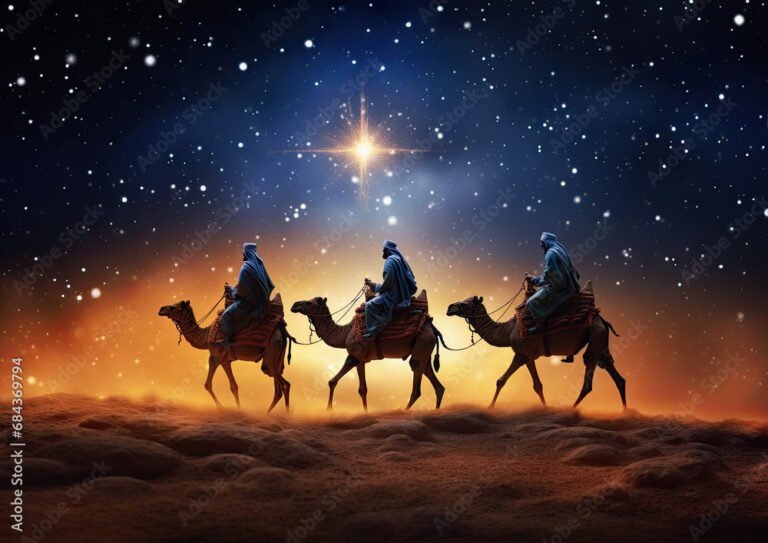 tres reyes magos siguiendo una estrella